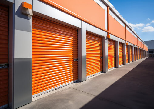row of orange storage unit doors