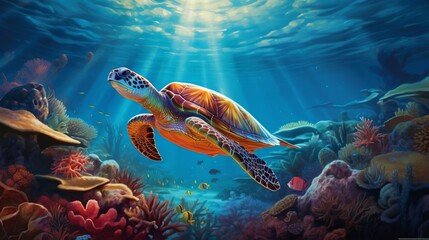 Obraz na płótnie Canvas Turtle in underwater , coral reef and fish
