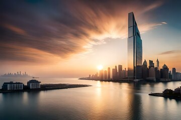 Obraz premium city skyline at sunset generated by ai