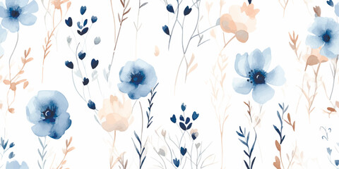 Floral seamless pattern with abstract blue and beige flowers, delicate branches and leaves. Watercolor print isolated on white background for textile or wallpapers