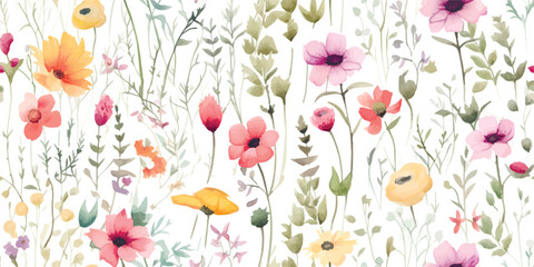 Floral seamless pattern with colorful wildflowers and abstract green plants. Watercolor print isolated on white background