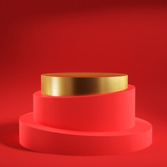 Empty red and gold podium for display product on red background.  