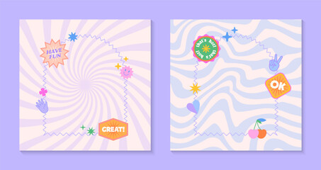 Fototapeta na wymiar Vector templates with patches and stickers in 90s style.Modern emblems in y2k aesthetic with spiral and wavy backgrounds.Trendy funky designs for banners,social media marketing,branding,covers