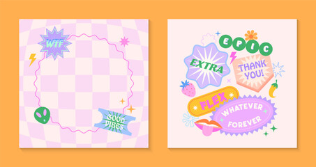 Vector templates with patches and stickers in 90s style.Modern emblems in y2k aesthetic with chess background.Trendy funky designs for banners,social media marketing,branding,packaging,covers
