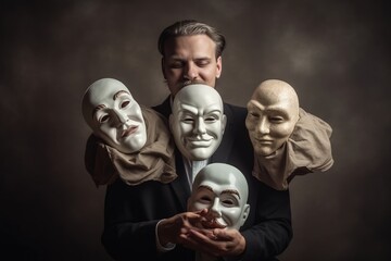 Fake emotion, play a role concept. Character holds masks our face with different emotions. Choice of moods, hiding behind a false mask. Defense and playing to the audience. Psychology. Generative AI. 