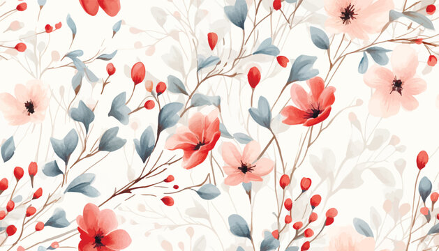 Flower seamless pattern with abstract floral branches with leaves, blossom flowers and berries. Vector nature illustration in vintage watercolor style on light yellow background.