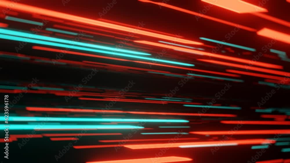 Wall mural animation of fast moving camera flying through neon lights at speed, 3d loop animation.