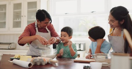 Grandmother, mom or excited children baking in kitchen as a happy family with siblings learning cooking recipe. Cake, child development or happy grandma smiling or teaching kids with eggs or parents