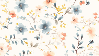Flower seamless pattern with abstract floral branches with leaves, blossom flowers and berries. Vector nature illustration in vintage watercolor style on light yellow background. © Eli Berr