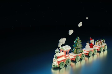 Toy steam locomotive covered with snow rides on the floor with three wagons, a Christmas tree, gifts, Santa Claus, free space 3D illustration.