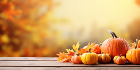 Festive autumn decor from pumpkins, corns and fall leaves. Concept of Thanksgiving day or Halloween