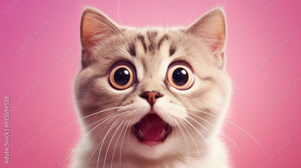 Canvas Prints Cute little surprised cat make big eyes on pink background. Generative AI