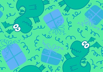 Cartoon animals dinosaur Christmas seamless dragon pattern for wrapping paper and kids clothes print