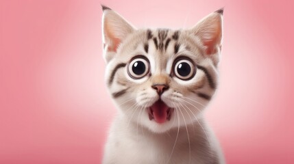 Fototapeta na wymiar Cute little surprised cat make big eyes on pink background. Generative AI
