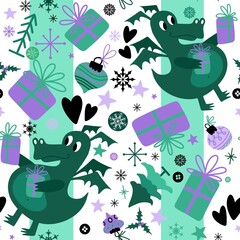 New year dragon seamless cartoon Christmas dinosaur pattern for wrapping paper and kids clothes print