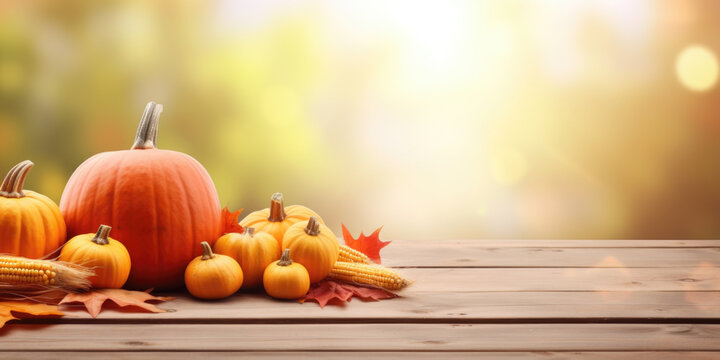 Festive autumn decor from pumpkins, corns and fall leaves. Concept of Thanksgiving day or Halloween

