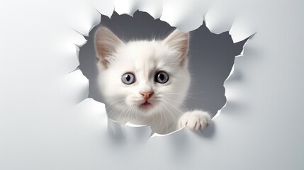 Kitten cat looking through a hole in white paper. Generative AI