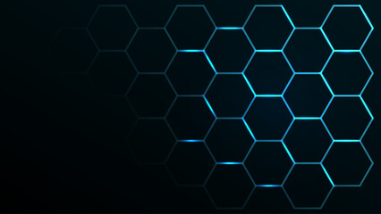 Black background with blue neon hexagon grid. Glowing hex background. - obrazy, fototapety, plakaty
