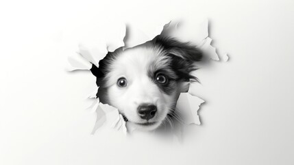 Puppy dog looking through a hole in white paper. Generative AI