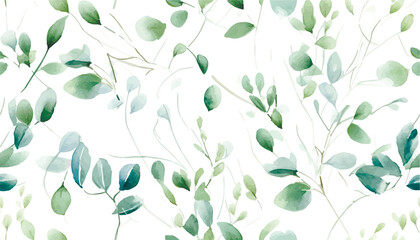 Seamless watercolor floral pattern - green leaves and branches composition on white background, perfect for wrappers, wallpapers, postcards, greeting cards, wedding invitations, romantic events