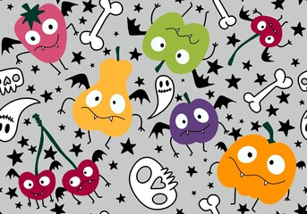 Autumn cartoon harvest season Halloween fruit monsters vampire pattern for wrapping paper and fabrics and linens