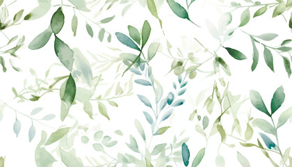 Seamless watercolor floral pattern - green leaves and branches composition on white background, perfect for wrappers, wallpapers, postcards, greeting cards, wedding invitations, romantic events