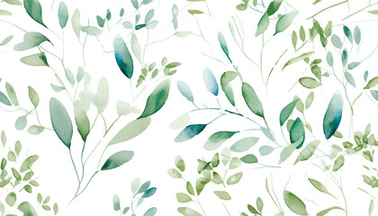 Seamless watercolor floral pattern - green leaves and branches composition on white background, perfect for wrappers, wallpapers, postcards, greeting cards, wedding invitations, romantic events