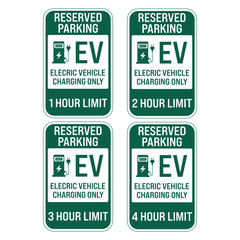 Reserved Parking Electric Vehicle Charging only 1, 2, 3, 4 Hour limit. EV charging station. Electric Vehicle Charging Station Vector Images. Sign