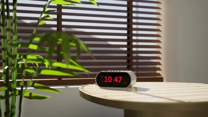 old classic digital alarm clock. Numbers time lapse with sun and sky in background. Clock on the table in bedroom