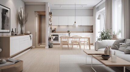 Fototapeta na wymiar Concept scandinavian design apartment of young family. Modern interior