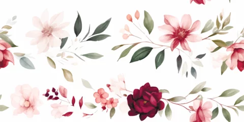 Foto op Canvas Watercolor floral illustration, seamless pattern, green leaves, burgundy pink peach blush white flowers, branches. Wedding invitations wallpapers fashion prints. Eucalyptus, olive, peony, rose © Eli Berr