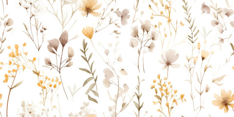 Watercolor seamless pattern with ethereal wildflowers, leaves. Wild plants, flowers, branches. Nature floral background