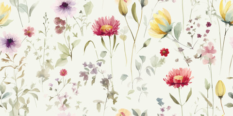 Watercolor wildflowers in vintage style, floral seamless pattern for fabric, textile, wallpapers or wrapping paper