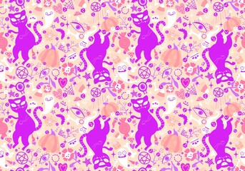 Cartoon animals monsters seamless Halloween cats and ghost pattern for wrapping paper and fabrics and kids clothes