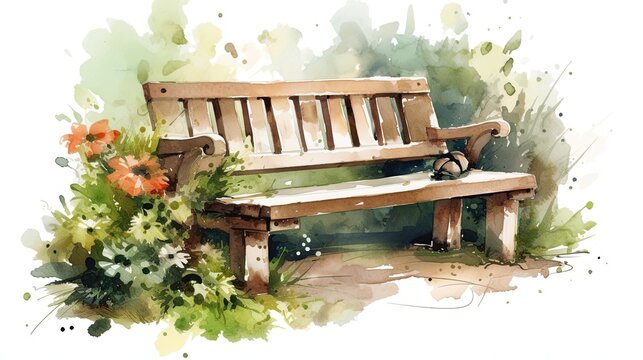 Watercolor illustration of a rustic wooden garden bench on a white background.