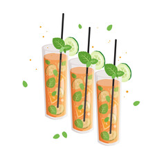 set of red coctails with cucumber, mint and orange