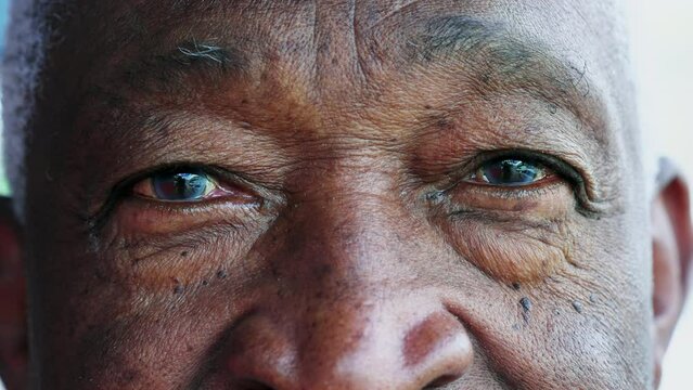 Macro tight close-up of an African American senior man with blue eyes staring at camera. Portrait face of a black older male person with wrinkles depicting old age and wisdom