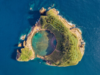 Azores aerial panoramic view. Top view of Islet of Vila Franca do Campo. Crater of an old...