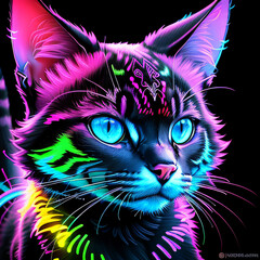 Cat face with neon colors and black background