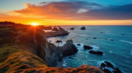 Obraz premium A serene view of a coastal_landscape at sunset