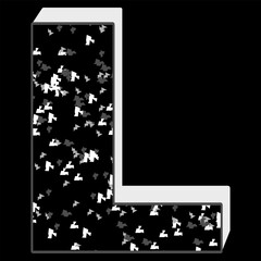 Black and white glitter pattern letter L 3D on black background.