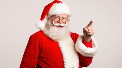 Santa Claus pointing finger. Isolated on plain blank background. Generative AI illustration.