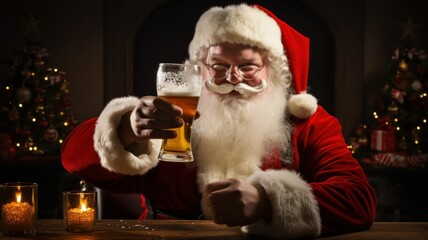 Santa Claus holding a glass and drinking a beer while smiling. Generative AI illustration for Christmas.