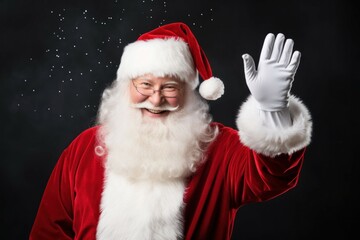 Santa Claus waving hand hello isolated on a dark background. Generative AI illustration.