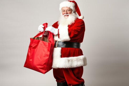 Santa Claus holding a bag of presents for Christmas. Isolated on a gray background. Generative AI illustration.