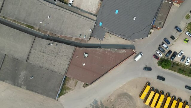 Aerial Downward View of Industrial Area of Brantford + Bus Transportation (parking) + Local Businesses 