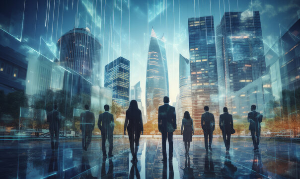 Silhouette of business people stood against a modern city skyline. Modern business team