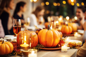 Thanksgiving table setting with pumpkins and candles, and blurred people in the background. Autumn home decoration.