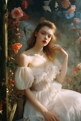 Fototapeta premium portrait of a woman/model/book character in a royal princess/fairy dress in floral setting in a fashion/beauty editorial magazine style film photography look - generative ai art