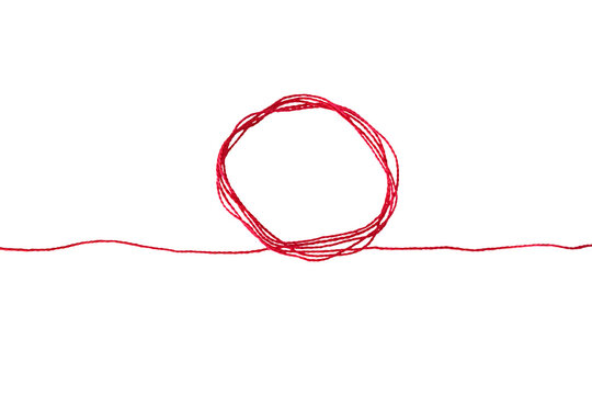 a red silk thread looped in a circle form, extending on both ends, symbolizing the red thread of fate in chinese tradition, on a transparent background with copy space